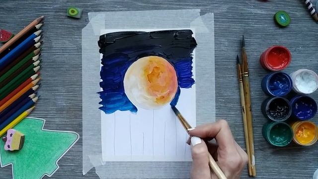 Очень простой, но красивый рисунок гуашью. Ночной пейзаж. Луна. Лёгкий пейзаж гуашью. смотреть онлайн