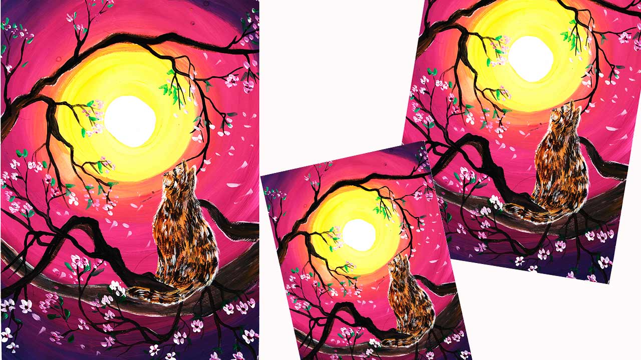 Рисуем кота под луной. Весенний пейзаж гуашью. смотреть онлайн