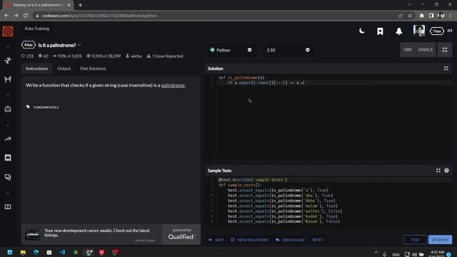 Codewars explanation for - Is this a palindrome? - problem (8kyu). PYTHON смотреть онлайн