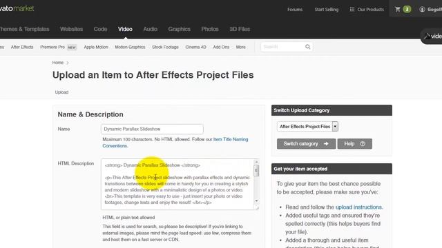 Как загрузить проект After Effects на Videohive | пошаговая видео инструкция