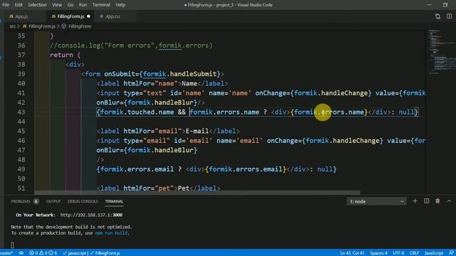 39 - Display Error message ONLY, to visited Form field, which haven't valid Data | Formik in React смотреть онлайн