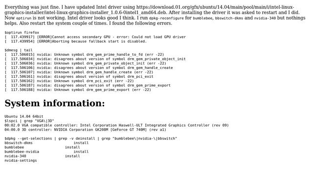 Ubuntu: Nvidia (Bumblebee) failed to load after install latest Intel driver смотреть онлайн
