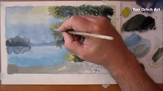 Как нарисовать пейзаж гуашью. Как нарисовать воду. Как нарисовать дерево смотреть онлайн