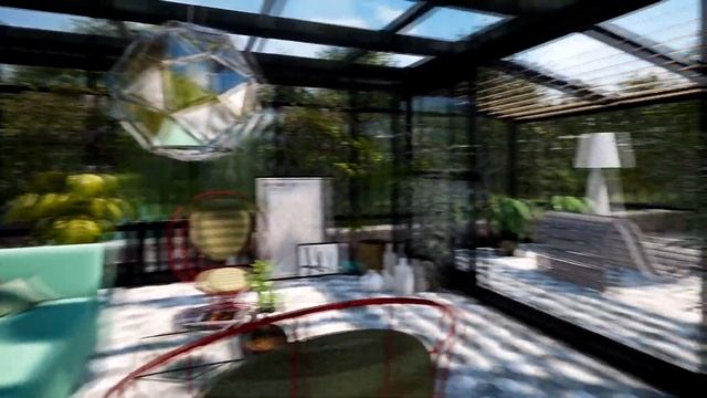Коттедж с зимним садом, бассейном и комплексом барбекю. День. Archicad + TWINMOTION. смотреть онлайн