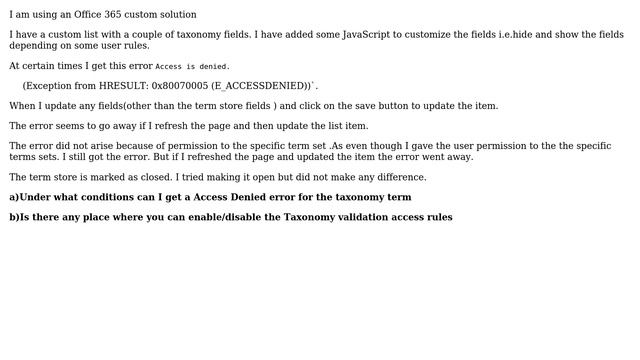 Taxonomy Field Error Access Is Denied. (Exception From HRESULT: 0x80070005 (E_ACCESSDENIED))