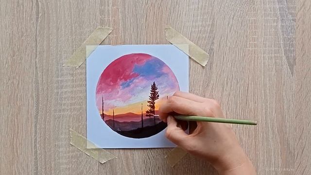 Красивый рисунок в круглой рамке. Пейзаж акриловыми красками рисовать легко. смотреть онлайн