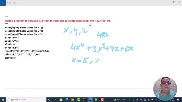 Python Programs || program to obtain x, y, z from the user and calculate expression: 4x4 +3y3+9z+6π смотреть онлайн