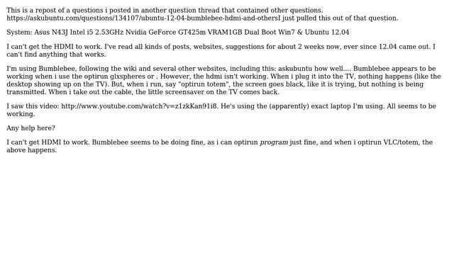 Ubuntu: How do I get HDMI out working with Bumblebee? смотреть онлайн