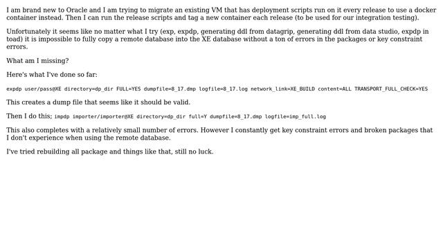 Databases: Migrate a remote oracle database (11g) into a docker oracle XE database (11g) смотреть онлайн