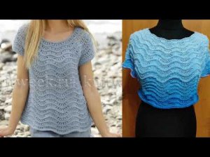 Кофточка спицами с круглой кокеткой Морская пена 2 часть