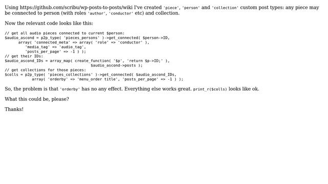 Wordpress: Posts 2 Posts: query connected -- orderby problem смотреть онлайн