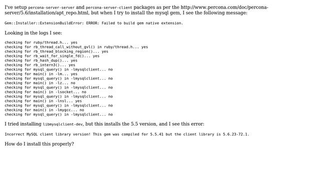 DevOps & SysAdmins: How do I install mysql2 gem with percona 5.6 on Ubuntu 14.04 Trusty? смотреть онлайн