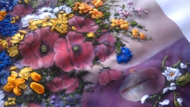 Вышивка атласными лентами Картины Роскошный букет Процесс вышивки картины Часть 2 смотреть онлайн