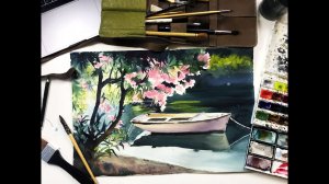 Мастер-класс по акварельной живописи «Полдень на реке» |  Как нарисовать лодку и реку поэтапно