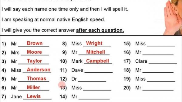 English listening and spelling quiz - People's names