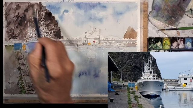 No360 知床　ウトロ漁港 2　水彩画　Hokkaido Utoro fishing port смотреть онлайн