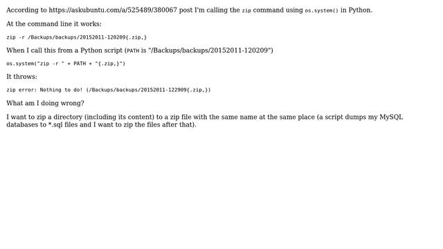 Ubuntu: `zip` works in shell but not in Python script смотреть онлайн