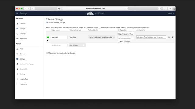 OwnCloud for Mac Part 4: External Storage смотреть онлайн
