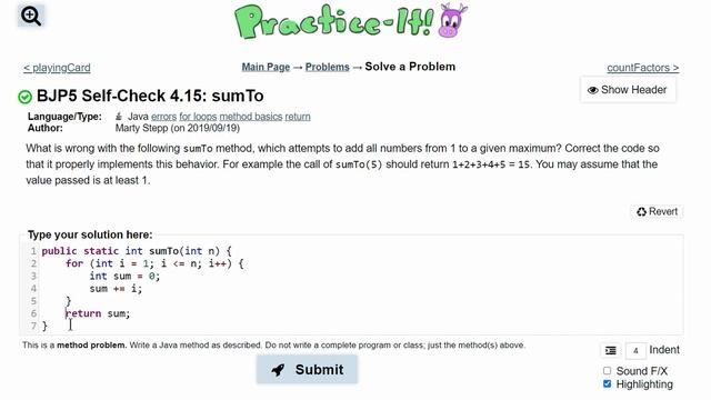 Java Practice It || 4.15 sumTo || for loop, errors for loop, method basics, return смотреть онлайн