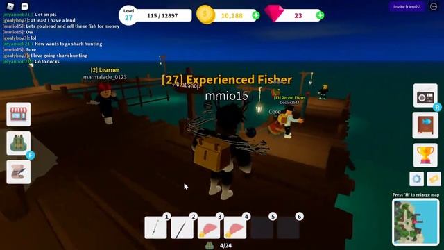 Playing Fishing simulator and going shark hunting and catching a fish.