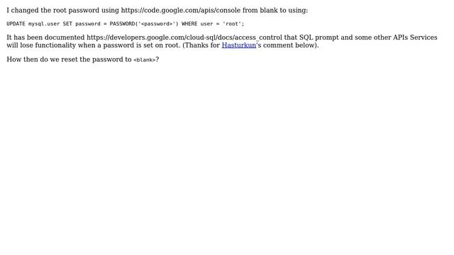 Changed root password from '＜blank＞' to '＜password＞'. Now cannot connect to databases in Cloud... смотреть онлайн