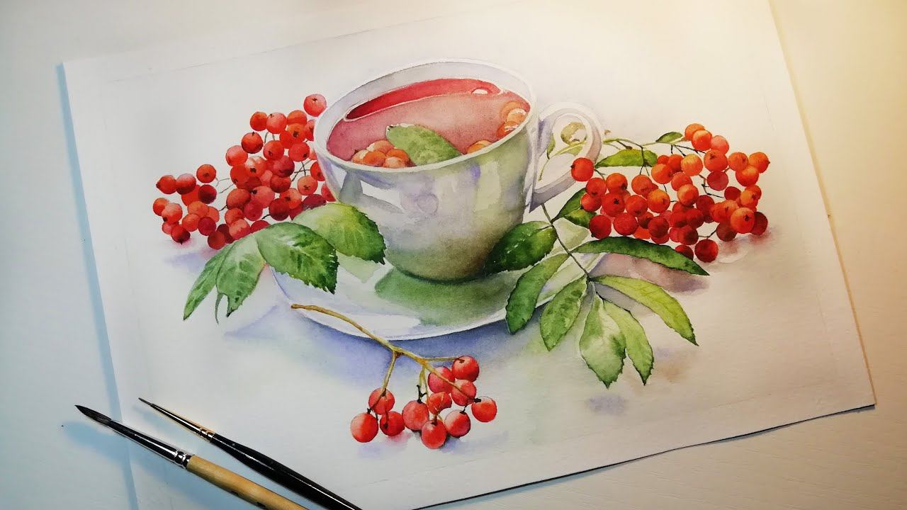 Рябиновый натюрморт акварелью /Rowan Still Life In Watercolor