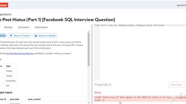 Average Post Hiatus Facebook SQL Interview Question DataLemur смотреть онлайн