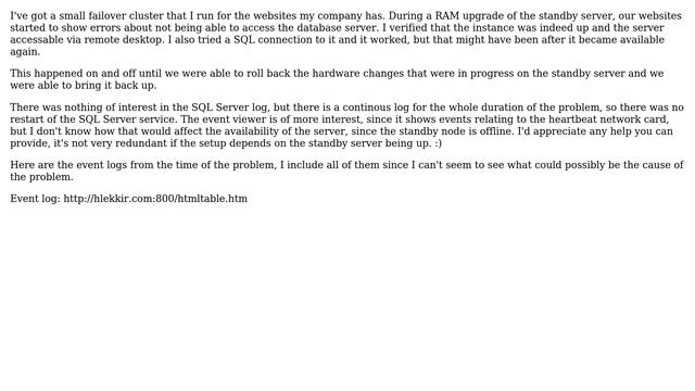 Intermittent unavailability of an instance in a failover cluster while a standby node is offline... смотреть онлайн