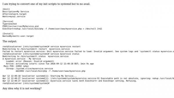 Convert init script to systemd - executable path is not absolute