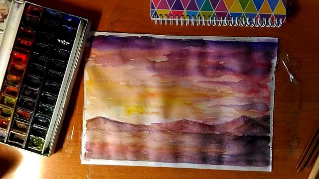Painting a landscape in watercolor. Draw a landscape.Savannah. Рисуем закат акварелью. смотреть онлайн