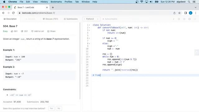 Base 7 - LeetCode 504 - Python Solution смотреть онлайн