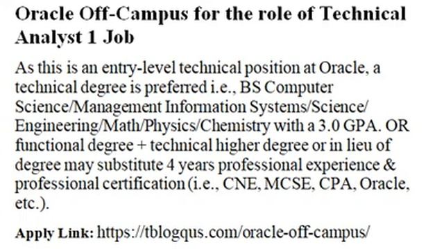 Oracle Off-Campus for the role of Technical Analyst 1 Job смотреть онлайн