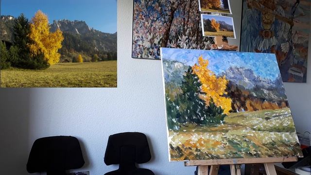 Мастер-класс: Этюд "Осень в горах Лихтенштейна". Часть 4 - пишем лес, домик и поле на заднем плане смотреть онлайн