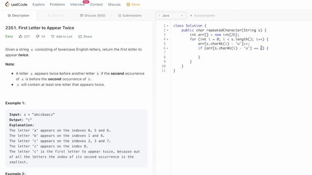 Leetcode | 2351. First Letter to Appear Twice | Java Solution смотреть онлайн