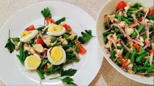 Полезный салат со стручковой фасолью, моцареллой и яйцами. Никакого майонеза!