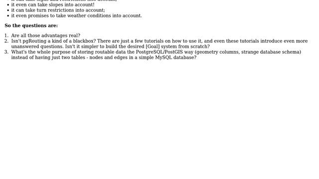 What are the advantages of pgSQL+PostGIS+pgRouting over a simple MySQL+handwritten routing... смотреть онлайн