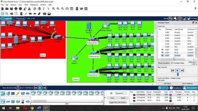 Симуляция отправки пакетов Cisco Packet Tracer. Сеть школы. смотреть онлайн