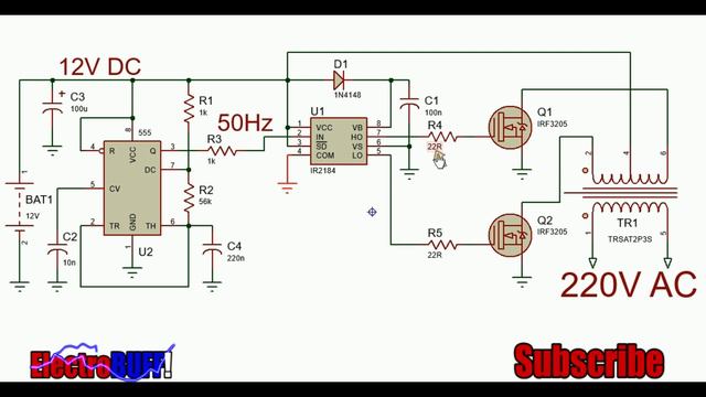 Simple IR2184 Power INVERTER With NE555 And IRF3205 Power MOSFET 12v To 220v DC   AC