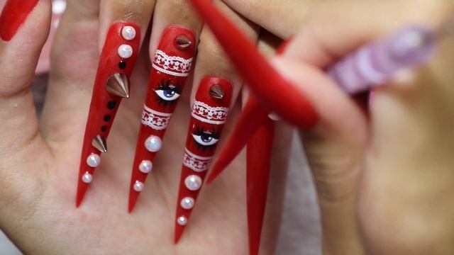 Longest Nails I've EVER Done!! | Sculpted Red Acrylic Nails With Hand Painted Eyes And 3D Art смотреть онлайн