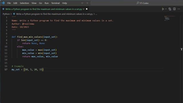 Write a Python program to find the maximum and minimum values in a set. смотреть онлайн
