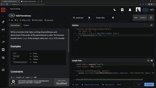 Codewars 7 kyu Valid Parentheses Javascript смотреть онлайн