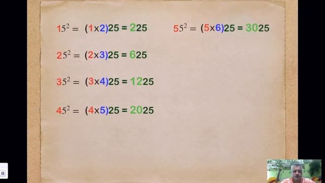 Получение квадратов двузначных чисел с пятеркой на конце от 15 до 95 смотреть онлайн