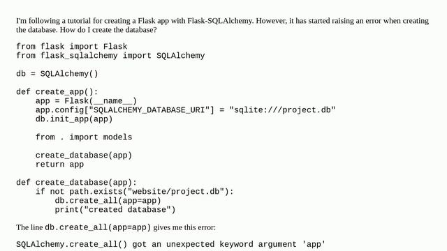 Flask-SQLAlchemy db.create_all() got an unexpected keyword argument 'app' смотреть онлайн