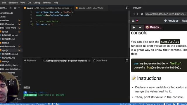 03 How to print variables in the console.log - Javascript Beginner Exercises Tutorial Interactive смотреть онлайн