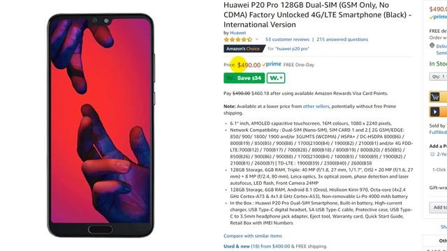 Huawei P20 Pro 128GB Dual-SIM (GSM) Factory Unlocked International Version $490.00 ONLY ON AMAZON! смотреть онлайн