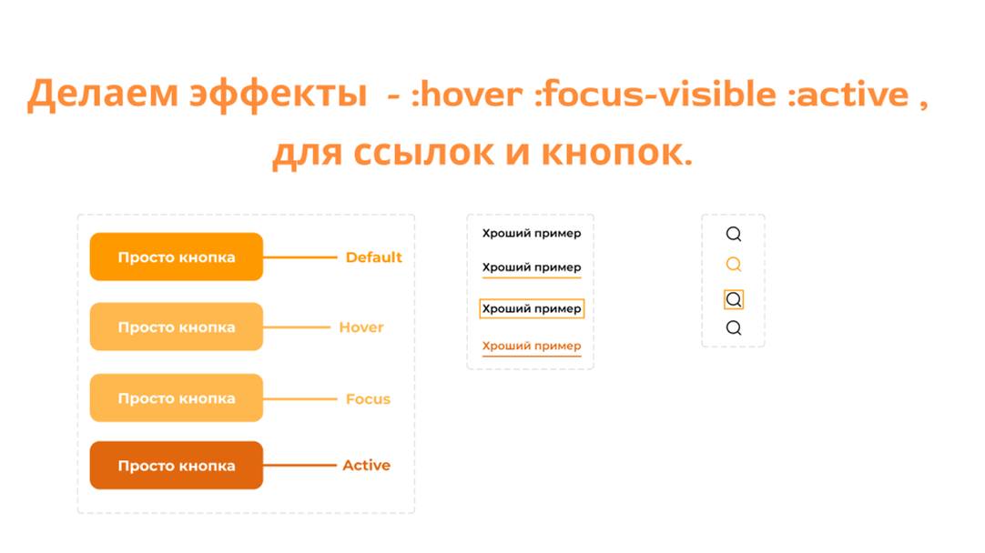 Делаем эффекты  - :hover :focus-visible :active, для ссылок и кнопок.