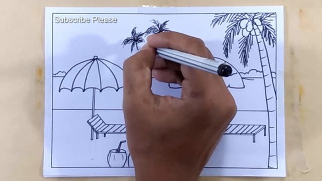 How to draw beach for beginners | Sea beach drawing easy смотреть онлайн