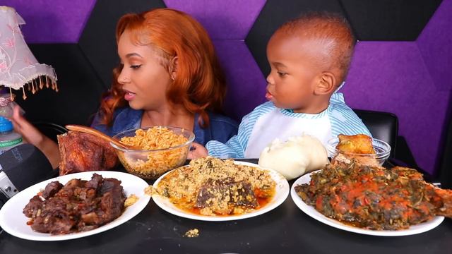 BABY ELIJAH First Time Trying AFRICAN FOOD Mukbang ( FUFU EGUSI SOUP & EFO RIRO ) QUEEN BEAST