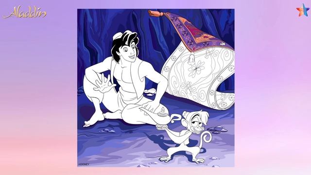 Aladdin Coloring Book -Coloring Aladdin Rubs Lamp - Abu & Genie Magic Carpet - Disney Coloring Page смотреть онлайн