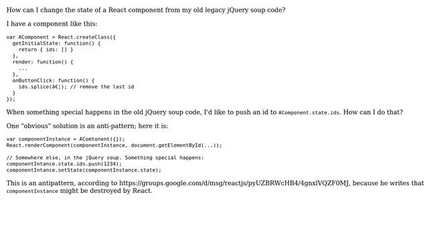 Change state of React component from old external Javascript? смотреть онлайн
